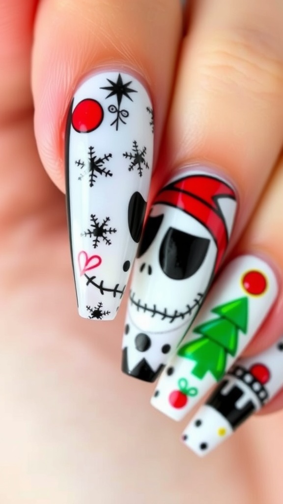 Acrylic nails with Jack Skellington design and Christmas elements, showcasing festive colors and details.